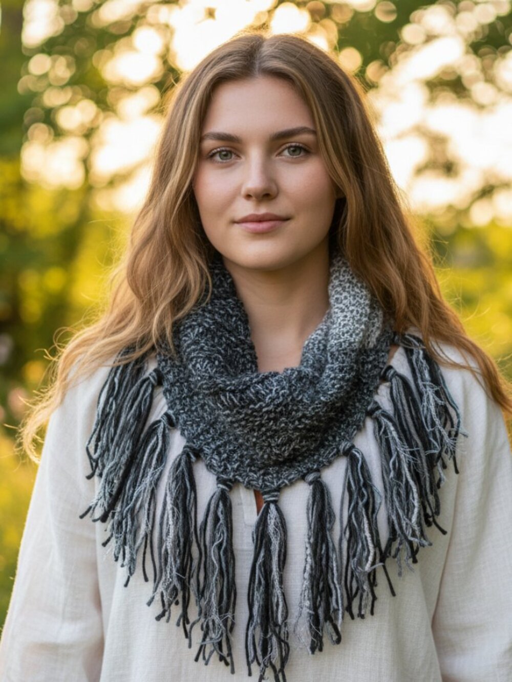 NEW Hand Knitted Black Gray Ombre Boho Cowl Scarf Fringe‎ Cottage Chic Fairy Mod